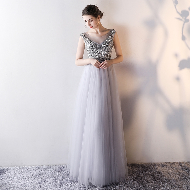 PotN Patio Evening Dresess 2017 New Luxury Sequined Crystal Beading Gray Tulle Long Evening Gowns Celebrity