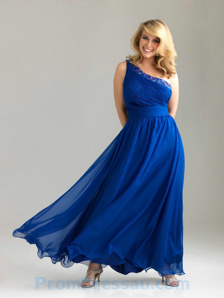 One Beaded Shoulder Chiffon Bodice Royal Blue Best Prom Dresses US